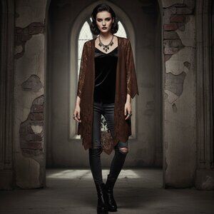 NWT By Together Floral Lace Cardigan Kimono Duster Brown Large Boho Whimsigoth